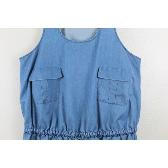Kenneth Cole Mini Denim Jean Overall Dress Sz Large Racer Back Drawstring Waist - Picture 3 of 7